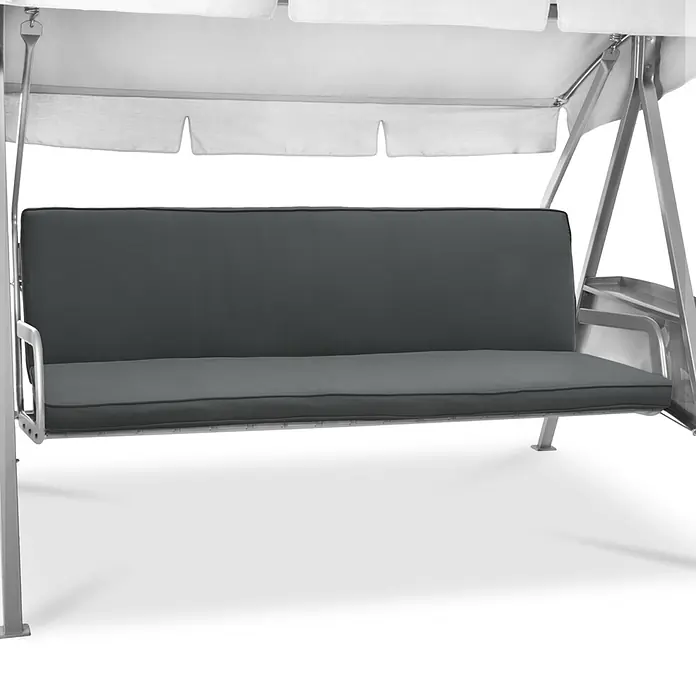 Beautissu Bankauflage Loft HS - Hollywoodschaukel, 1 Stk., L x B x H: 180 x 100 x 6 cm, Baumwolle, Polyester, Graphitgrau - Gartenschaukel mit silbergrauem Metallrahmen, dunkelgrauen Kissen und weißem Dach.