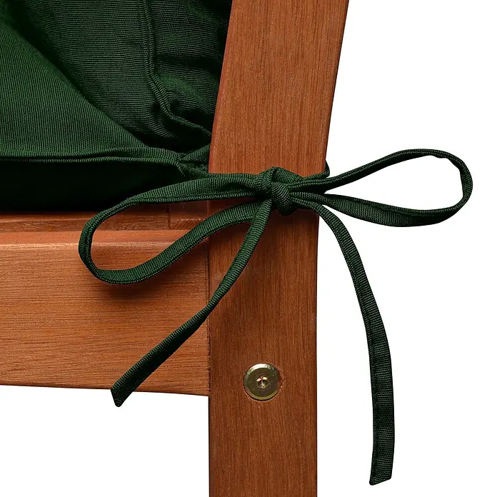 Beautissu Bankauflage Flair BR - Gartenbank, 1 Stk., Polyester, Dunkelgrün - Dunkelgrüne Kissenbindung an einem Holzstuhlrahmen verknotet.