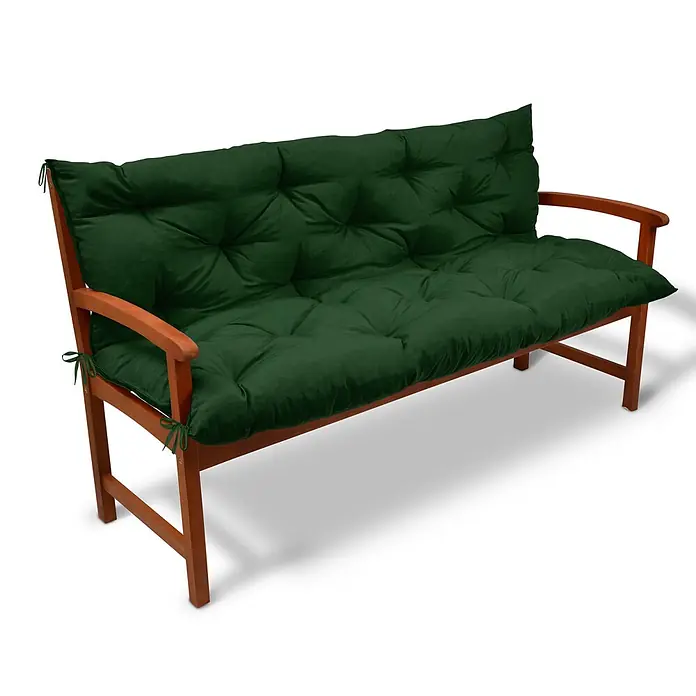 Beautissu Bankauflage Flair BR - Gartenbank, 1 Stk., Polyester, Dunkelgrün - Gartenbank aus Holz mit dunkelgrünen getufteten Kissen für Rückenlehne und Sitzfläche.