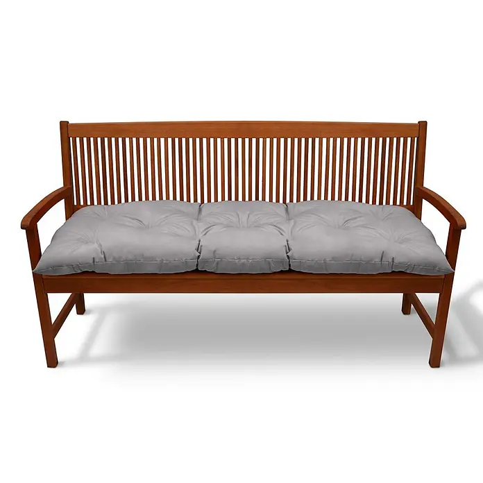 Beautissu Bankauflage Flair BK - Gartenbank, 1 Stk., L x B x H: 180 x 50 x 10 cm, Polyester, Hellgrau - Holzgartenbank mit drei grauen Sitzkissen.