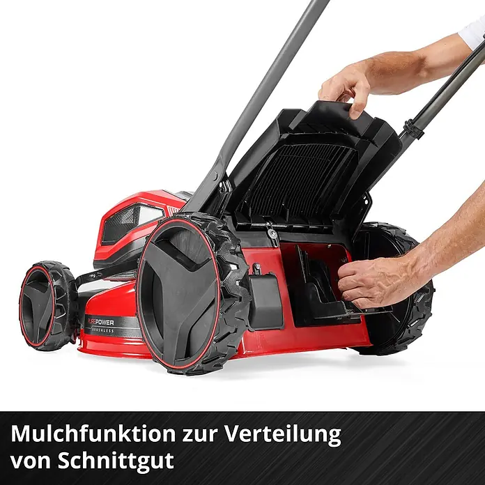 Einhell Professional PXC 18V Akku-Rasenmäher GP-CM 36/47 S HW Li - 36 V, 4 Akkus, 4 Ah, Schnittbreite: 47 cm - Roter und schwarzer Rasenmäher, Hand bedient die Mulchfunktion.