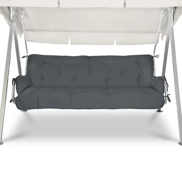 Beautissu Bankauflage Flair HS - Hollywoodschaukel, 1 Stk., Polyester, Graphitgrau - Graue Gartenschaukel mit gepolsterten Kissen und einem weißen Sonnendach.