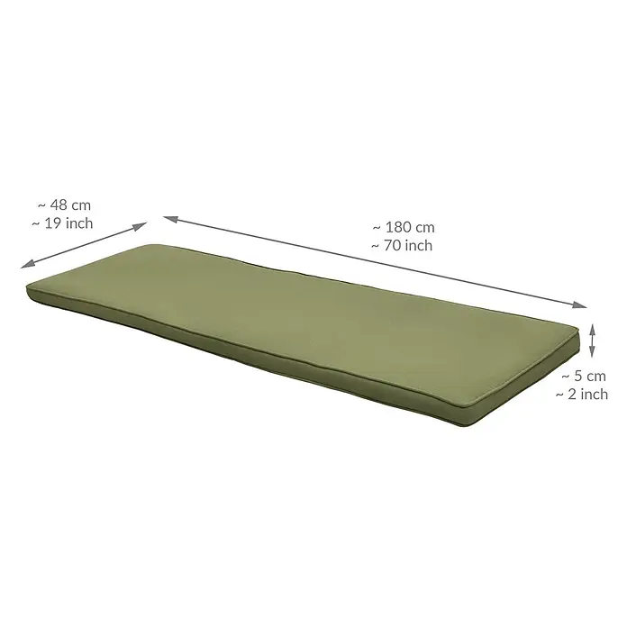 Beautissu Bankauflage Loft BK - Gartenbank, 1 Stk., L x B x H: 180 x 48 x 5 cm, Polyester, Olivgrün - Rechteckiges olivgrünes Bankkissen mit Paspelierung, ca. 180x48x5 cm groß.