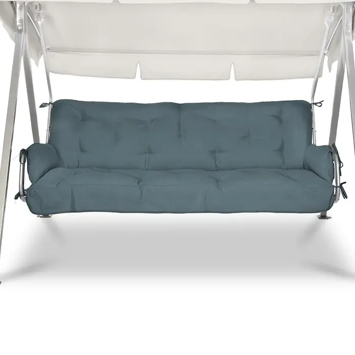 Beautissu Bankauflage Flair HS - Hollywoodschaukel, 1 Stk., Polyester, Taubenblau - Ein graublau gepolsterter Hollywoodschaukel-Sitz mit weißem Dach und silbernem Gestell.