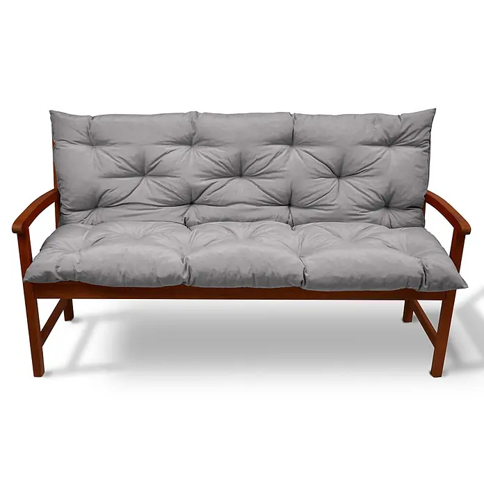 Beautissu Bankauflage Flair BR - Gartenbank, 1 Stk., L x B x H: 150 x 50 x 10 cm, Polyester, Hellgrau - Hölzerne Zweisitzer-Gartenbank mit grauen getufteten Rücken- und Sitzkissen.