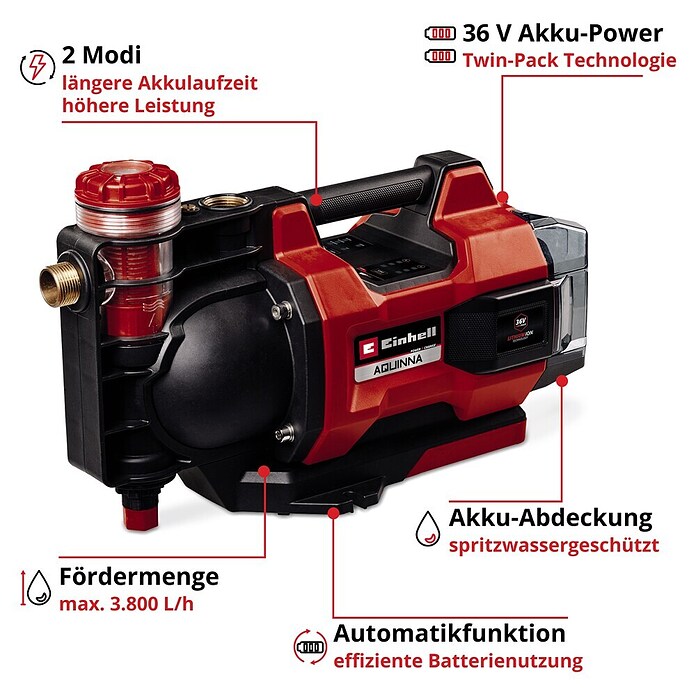 Einhell Power X-Change 18V Bomba de agua para jardín de batería 36/38 F LED Automatic (18 V, Iones de litio, Sin batería, Capacidad de bombeo máx.: 3.800 l/h) | BAUHAUS