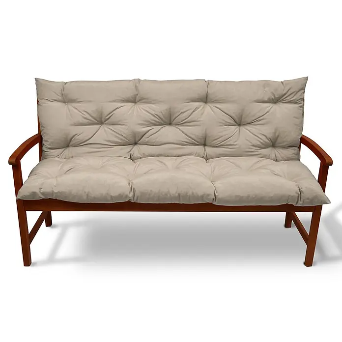 Beautissu Bankauflage Flair BR - Gartenbank, 1 Stk., L x B x H: 120 x 50 x 10 cm, Polyester, Natur - Gartenbank aus Holz mit Naturholzrahmen und hellbeigen, getufteten Kissen.