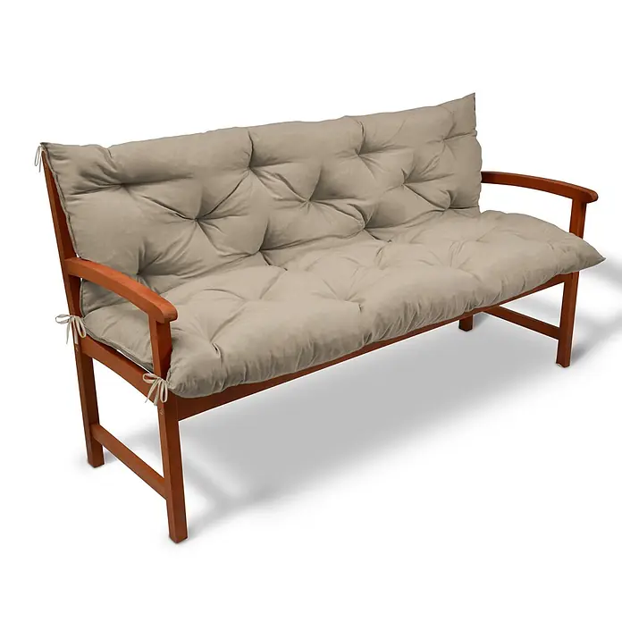 Beautissu Bankauflage Flair BR - Gartenbank, 1 Stk., L x B x H: 120 x 50 x 10 cm, Polyester, Natur - Gartenbank aus Holz mit braunem Gestell und hellbeigen, getufteten Sitz- und Rückenpolstern mit Bindebändern.