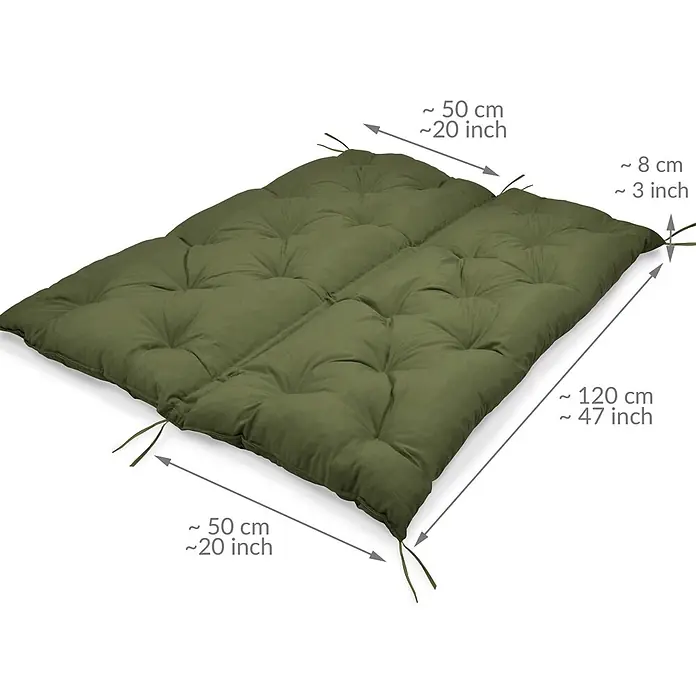 Beautissu Bankauflage Flair BR - Gartenbank, 1 Stk., L x B x H: 120 x 50 x 10 cm, Polyester, Olivgrün - Grünes, gestepptes Kissen mit Bindebändern und Knöpfen.
