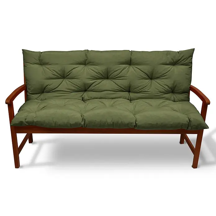 Beautissu Bankauflage Flair BR - Gartenbank, 1 Stk., L x B x H: 120 x 50 x 10 cm, Polyester, Olivgrün - Gartenbank aus Holz mit olivgrünen gesteppten Kissen.