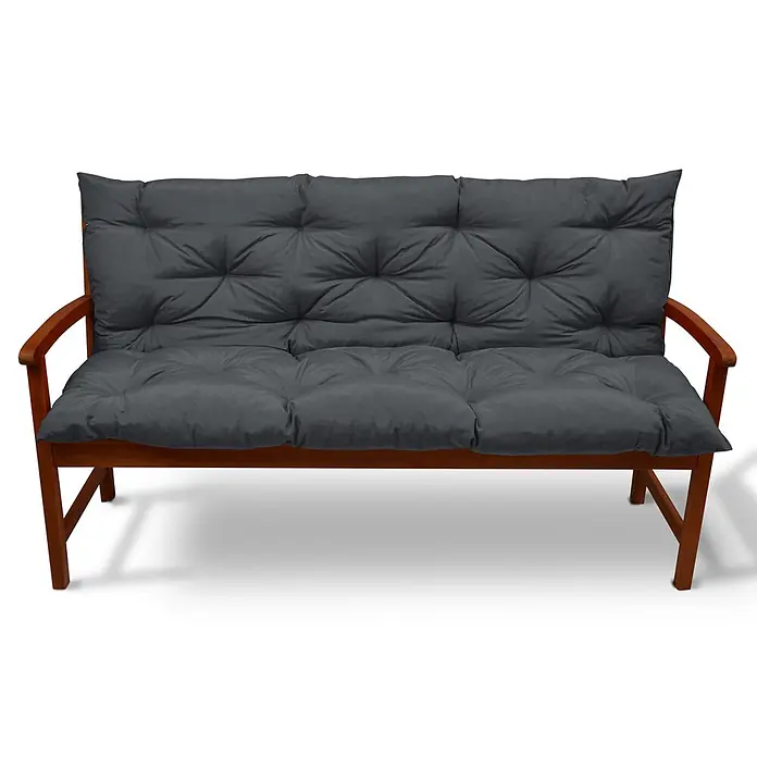 Beautissu Bankauflage Flair BR - Gartenbank, 1 Stk., L x B x H: 180 x 50 x 10 cm, Polyester, Graphitgrau - Zweisitzige Gartenbank aus Holz mit dunkelgrauen gepolsterten Kissen.