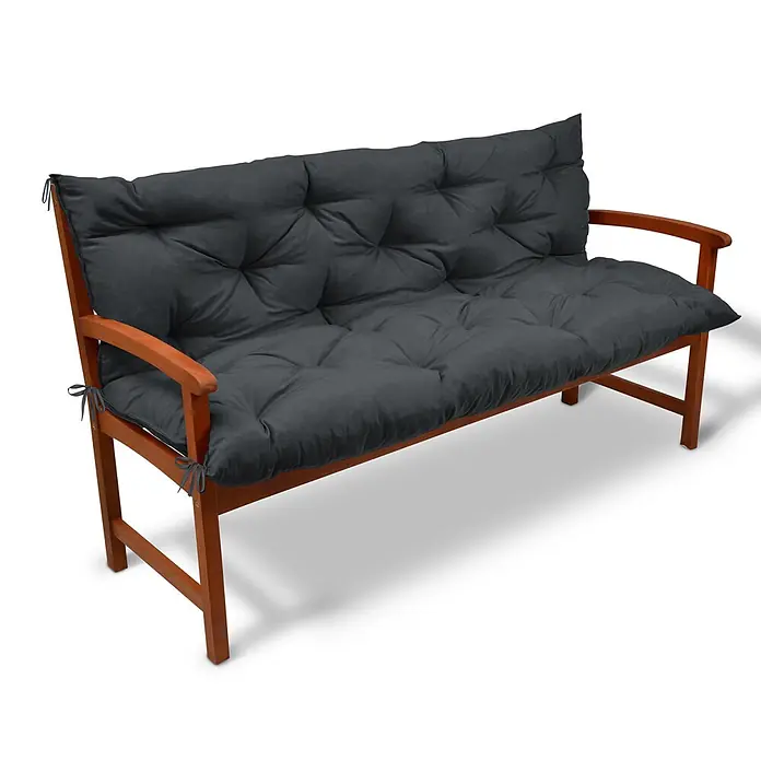 Beautissu Bankauflage Flair BR - Gartenbank, 1 Stk., L x B x H: 180 x 50 x 10 cm, Polyester, Graphitgrau - Gartenbank aus Holz mit dunkelgrauen, steppelt ülő- és hátpárnákkal.