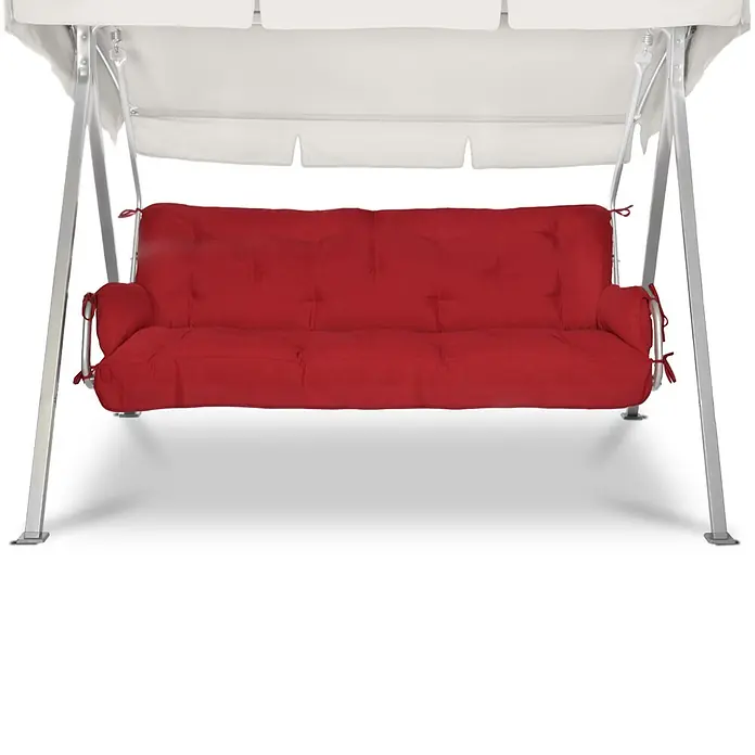 Beautissu Bankauflage Flair HS - Hollywoodschaukel, 1 Stk., Polyester, Rot - Rote gepolsterte Gartenschaukel mit weißem Sonnendach und silbernem Metallrahmen.
