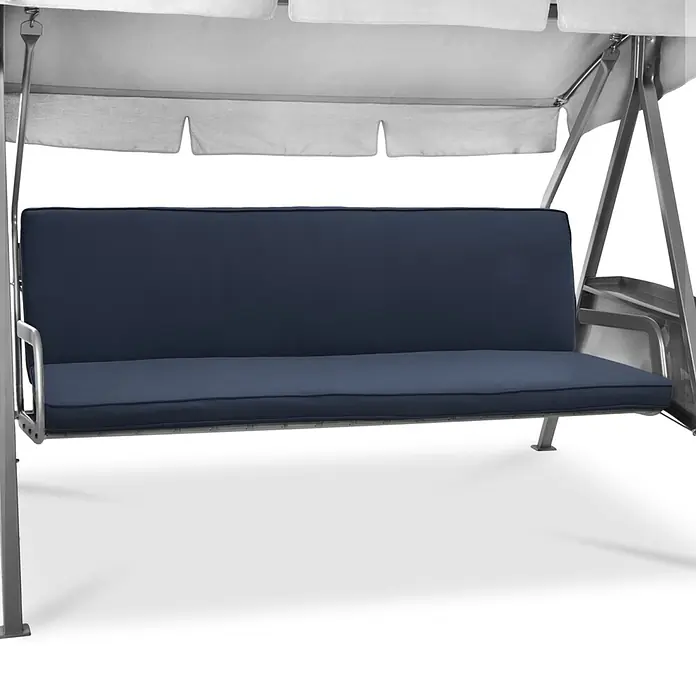 Beautissu Bankauflage Loft HS - Hollywoodschaukel, 1 Stk., Baumwolle, Polyester, Dunkelblau - Eine graue Gartenschaukel mit dunkelblauen Polstern und einem weißen Sonnendach.