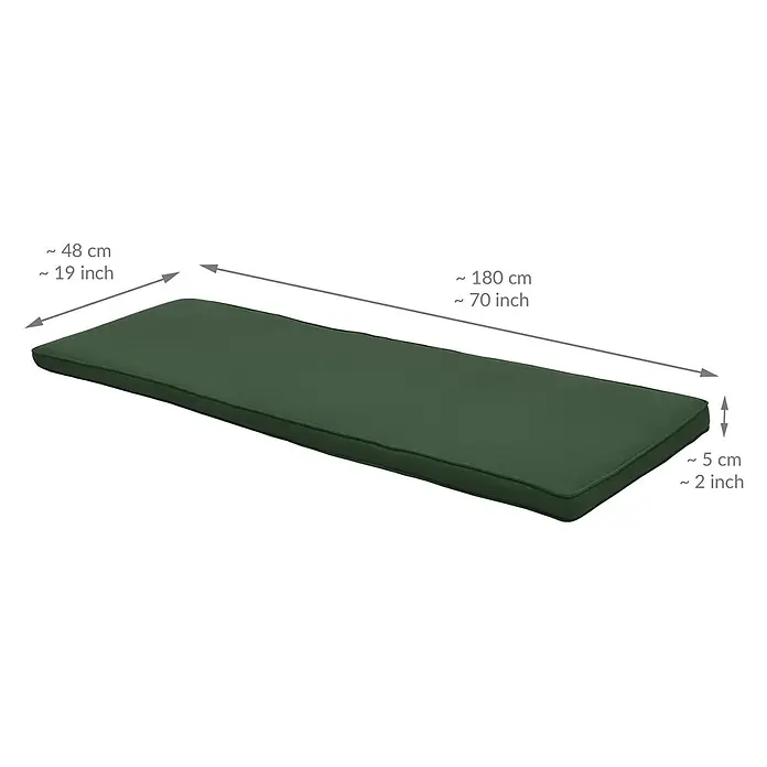 Beautissu Bankauflage Loft BK - Gartenbank, 1 Stk., Polyester, Dunkelgrün - Dunkelgrünes rechteckiges Kissen, ca. 180x48 cm (70x19 Zoll) und 5 cm (2 Zoll) dick.