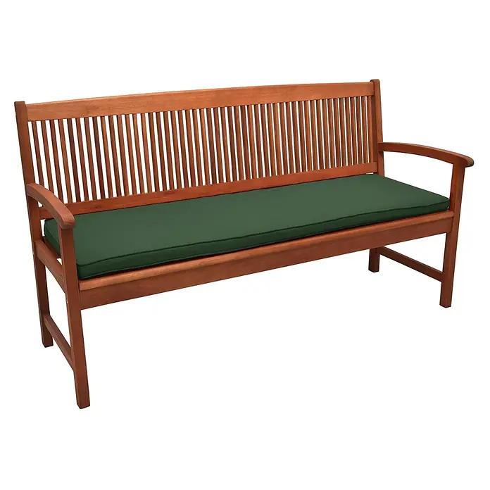 Beautissu Bankauflage Loft BK - Gartenbank, 1 Stk., L x B x H: 150 x 48 x 5 cm, Polyester, Dunkelgrün - Braune Holz-Gartenbank mit dunkelgrünem Sitzkissen.