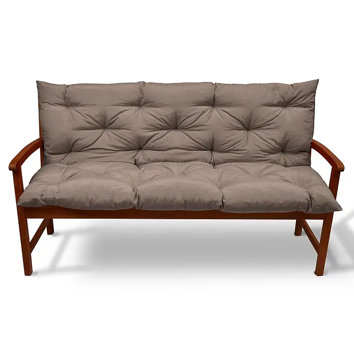 Beautissu Bankauflage Flair BR - Gartenbank, 1 Stk., L x B x H: 100 x 50 x 10 cm, Polyester, Taupe - Braune Holzgartenbank mit hellbraunen, getufteten Sitz- und Rückenkissen für bequemes Sitzen im Freien.