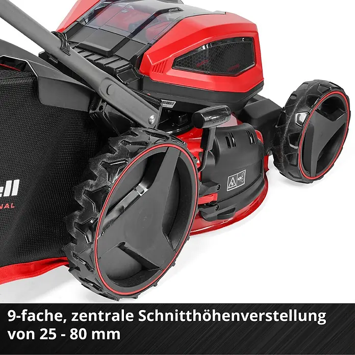 Einhell Professional PXC 18V Akku-Rasenmäher GP-CM 36/47 S HW Li - 36 V, 4 Akkus, 4 Ah, Schnittbreite: 47 cm - Roter und schwarzer Rasenmäher mit Fangkorb, großen Rädern und 9-facher zentraler Schnitthöhenverstellung.