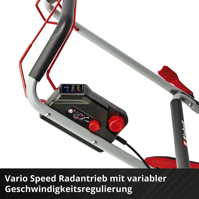 Einhell Professional PXC 18V Akku-Rasenmäher GP-CM 36/52 S Li BL - 36 V, 4 Akkus, 5,2 Ah, Schnittbreite: 52 cm - Bedienpanel eines Gartengeräts mit Batteriestatus (A, B), ECO-Modus, Vario Speed Antriebsregelung und zwei roten Drehknöpfen auf grauem Griffrahmen.