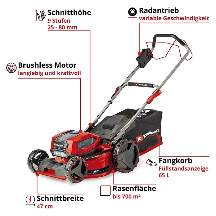 Einhell Professional PXC 18V Akku-Rasenmäher GP-CM 36/47 S HW Li - 36 V, 4 Akkus, 4 Ah, Schnittbreite: 47 cm - Roter und schwarzer elektrischer Rasenmäher mit hervorgehobenen Merkmalen wie Schnitthöhe, bürstenlosem Motor und Radantrieb.