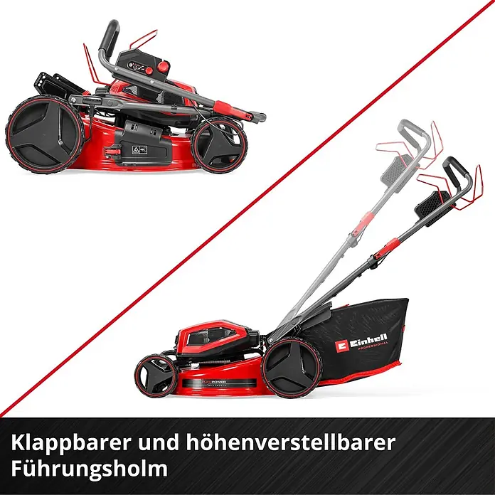 Einhell Professional PXC 18V Akku-Rasenmäher GP-CM 36/52 S Li BL - 36 V, 4 Akkus, 5,2 Ah, Schnittbreite: 52 cm - Roter und schwarzer Rasenmäher mit klappbarem und höhenverstellbarem Führungsholm, in kompakter und ausgefahrener Position dargestellt.