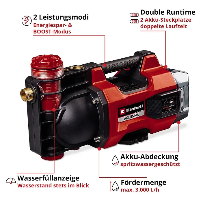 Einhell PXC 18V Akku-Gartenpumpe AQUINNA 18/30 F LED - 18 V, Ohne Akku, Max. Fördermenge: 3.000 l/h - Rote und schwarze akkubetriebene Wasserpumpe mit klarem Wasserfilter, Füllstandsanzeige und zwei Akkusteckplätzen.