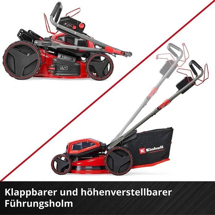 Einhell Professional PXC 18V Akku-Rasenmäher GP-CM 36/47 S HW Li - 36 V, 4 Akkus, 4 Ah, Schnittbreite: 47 cm - Roter und schwarzer Rasenmäher mit klappbarem und höhenverstellbarem Führungsholm in gefalteter und ausgefahrener Position.