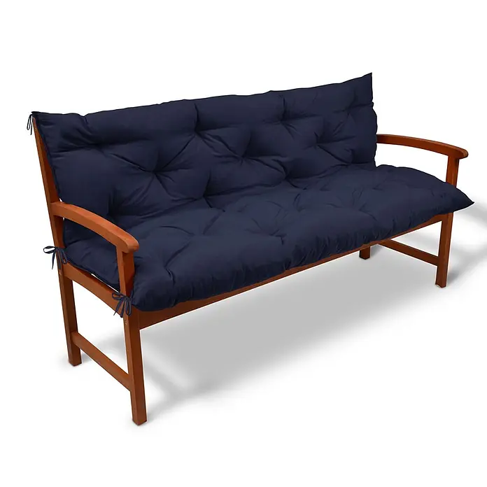 Beautissu Bankauflage Flair BR - Gartenbank, 1 Stk., L x B x H: 100 x 50 x 10 cm, Polyester, Dunkelblau - Gartenbank aus Holz mit einem dunkelblauen, getufteten Kissen, das mit Bändern befestigt ist.
