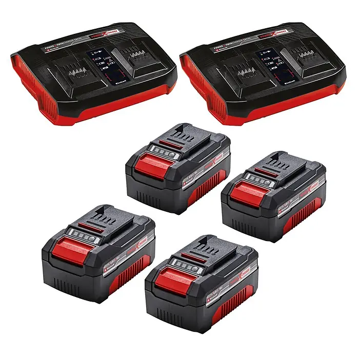 Einhell Professional PXC 18V Akku-Rasenmäher GP-CM 36/47 S HW Li - 36 V, 4 Akkus, 4 Ah, Schnittbreite: 47 cm - Zwei schwarze Einhell Power X-Change Twincharger und vier schwarze 4.0Ah 18V Li-ion Akkus mit roten Akzenten.