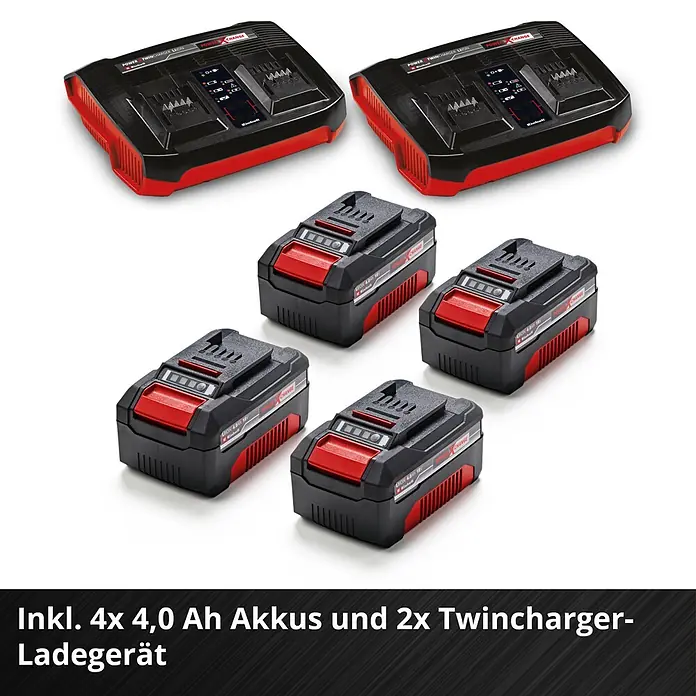 Einhell Professional PXC 18V Akku-Rasenmäher GP-CM 36/47 S HW Li - 36 V, 4 Akkus, 4 Ah, Schnittbreite: 47 cm - Vier schwarz-rote Einhell 4,0 Ah 18V Li-Ion Akkus mit zwei passenden Twinchargern für Elektrowerkzeuge.