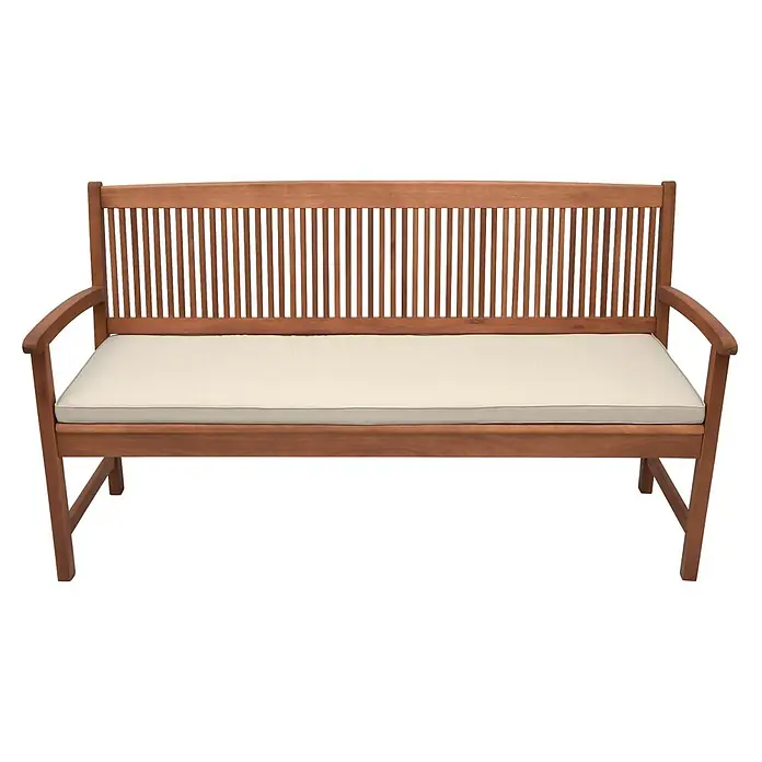 Beautissu Bankauflage Base BK - Gartenbank, 1 Stk., L x B x H: 120 x 48 x 5 cm, Polyester, Natur - Braune Holzgartenbank mit Lamellenrückenlehne und cremefarbenem Kissen.