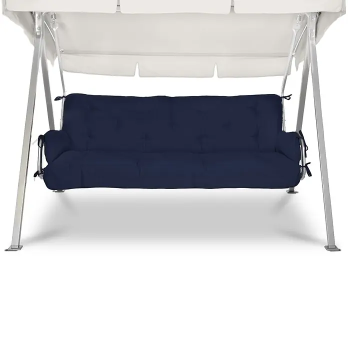 Beautissu Bankauflage Flair HS - Hollywoodschaukel, 1 Stk., Polyester, Dunkelblau - Eine 3-Sitzer Hollywoodschaukel mit weißem Dach und dunkelblauen Kissen, mit silbernem Metallrahmen.