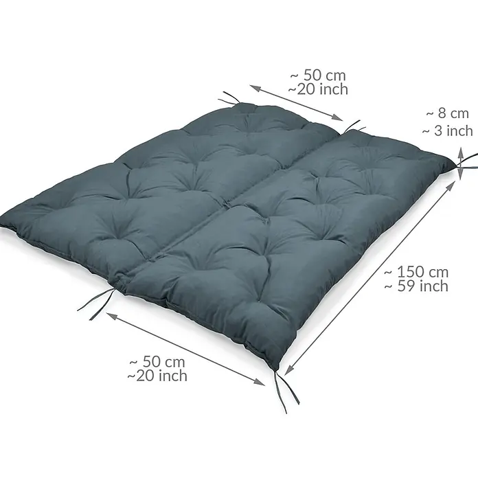 Beautissu Bankauflage Flair BR - Gartenbank, 1 Stk., L x B x H: 150 x 50 x 10 cm, Polyester, Taubenblau - Dunkelblaues getuftetes Kissen mit Bändern.