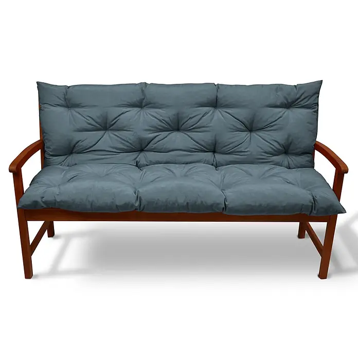 Beautissu Bankauflage Flair BR - Gartenbank, 1 Stk., L x B x H: 180 x 50 x 10 cm, Polyester, Taubenblau - Gartenbank aus Holz mit dunkelgrauen, gesteppten Kissen.