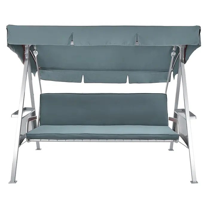 Beautissu Bankauflage Loft HS - Hollywoodschaukel, 1 Stk., L x B x H: 180 x 100 x 6 cm, Baumwolle, Polyester, Taubenblau - Ein graugrüner Gartenschaukelstuhl mit silbernem Metallrahmen und weichen Kissen.