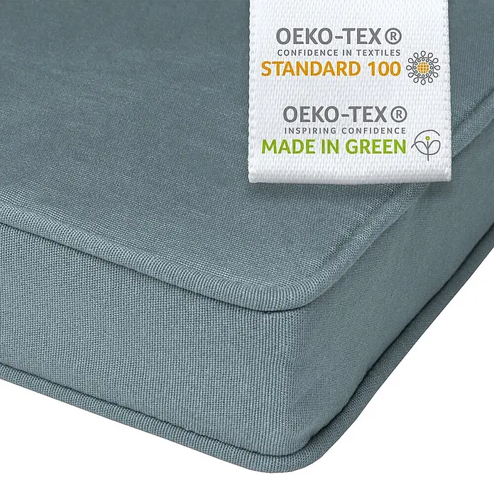 Beautissu Bankauflage Loft HS - Hollywoodschaukel, 1 Stk., L x B x H: 180 x 100 x 6 cm, Baumwolle, Polyester, Taubenblau - Graublaues Kissen aus strukturiertem Stoff mit sichtbaren OEKO-TEX® Standard 100 und Made in Green Etiketten.
