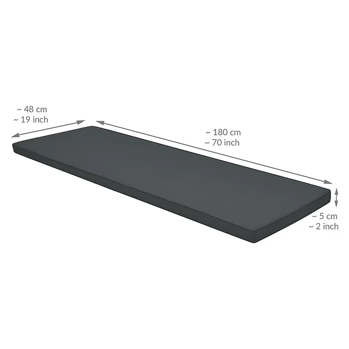 Beautissu Bankauflage Base BK - Gartenbank, 1 Stk., L x B x H: 180 x 48 x 5 cm, Polyester, Graphitgrau - Dunkelgraues rechteckiges Kissen, 180x48x5 cm (70x19x2 Zoll).