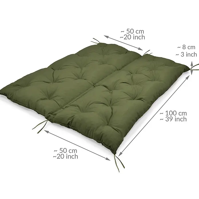 Beautissu Bankauflage Flair BR - Gartenbank, 1 Stk., L x B x H: 100 x 50 x 10 cm, Polyester, Olivgrün - Olivgrünes, getuftetes Kissen mit Bändern, ca. 100x50 cm groß und 8 cm dick.