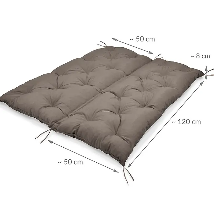 Beautissu Bankauflage Flair BR - Gartenbank, 1 Stk., L x B x H: 120 x 50 x 10 cm, Polyester, Taupe - Gestepptes braunes Rechteckkissen, ca. 120x50x8 cm, mit Bändern, segmentiert.