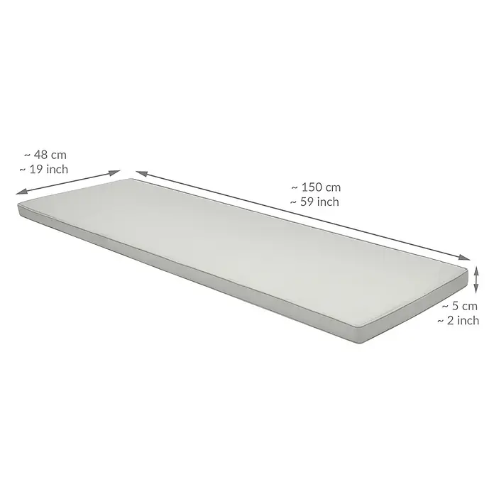 Beautissu Bankauflage Base BK - Gartenbank, 1 Stk., L x B x H: 150 x 48 x 5 cm, Polyester, Hellgrau - Helles graues rechteckiges Bankkissen mit Paspelierung, ca. 150x48x5 cm.