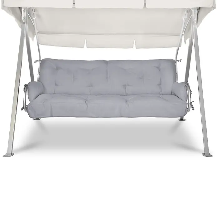Beautissu Bankauflage Flair HS - Hollywoodschaukel, 1 Stk., Polyester, Hellgrau - Graue gepolsterte Dreisitzer-Gartenschaukel mit weißem Sonnendach und Metallrahmen.