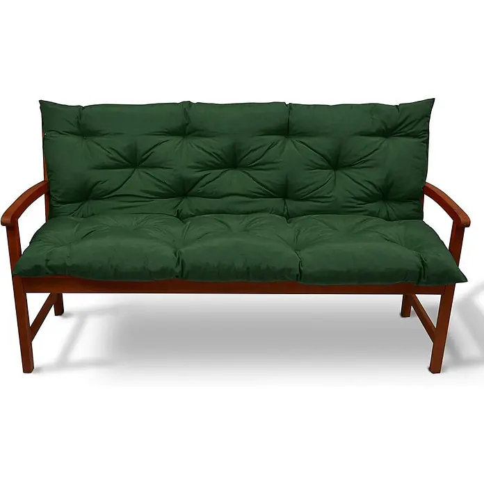 Beautissu Bankauflage Flair BR - Gartenbank, 1 Stk., L x B x H: 100 x 50 x 10 cm, Polyester, Dunkelgrün - Dunkelgrünes, getuftetes Gartenbankkissen-Set für Rückenlehne und Sitz, auf einer Holzbank.