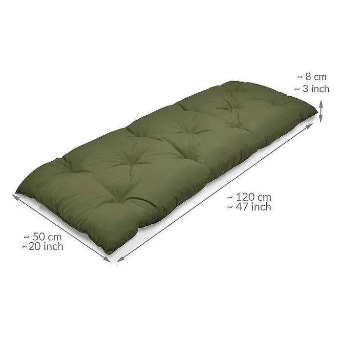 Beautissu Bankauflage Flair BK - Gartenbank, 1 Stk., Polyester, Olivgrün - Olivgrünes, getuftetes, rechteckiges Kissen mit ca. Maßen von 120x50x8 cm (47x20x3 Zoll).