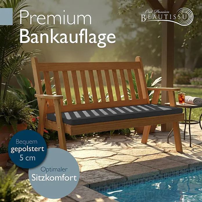 Beautissu Bankauflage QD-BK - Gartenbank, 1 Stk., L x B x H: 120 x 48 x 5 cm, Polyester, Anthrazit - Dunkelgraues gepolstertes Bankkissen auf einer Holzgartenbank am Pool, bietet 5 cm Komfort.
