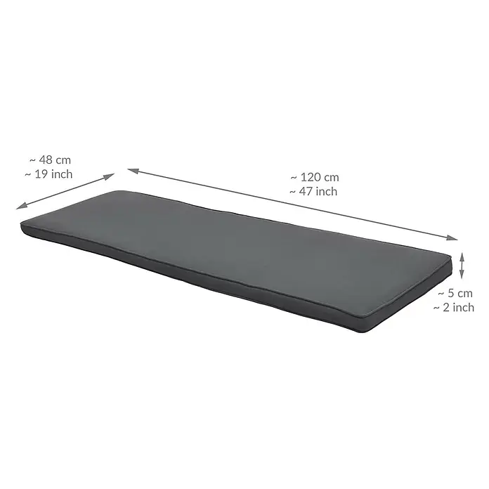 Beautissu Bankauflage Loft BK - Gartenbank, 1 Stk., L x B x H: 120 x 48 x 5 cm, Polyester, Graphitgrau - Dunkelgraues rechteckiges Kissen mit angegebenen Längen-, Breiten- und Dickenmaßen.