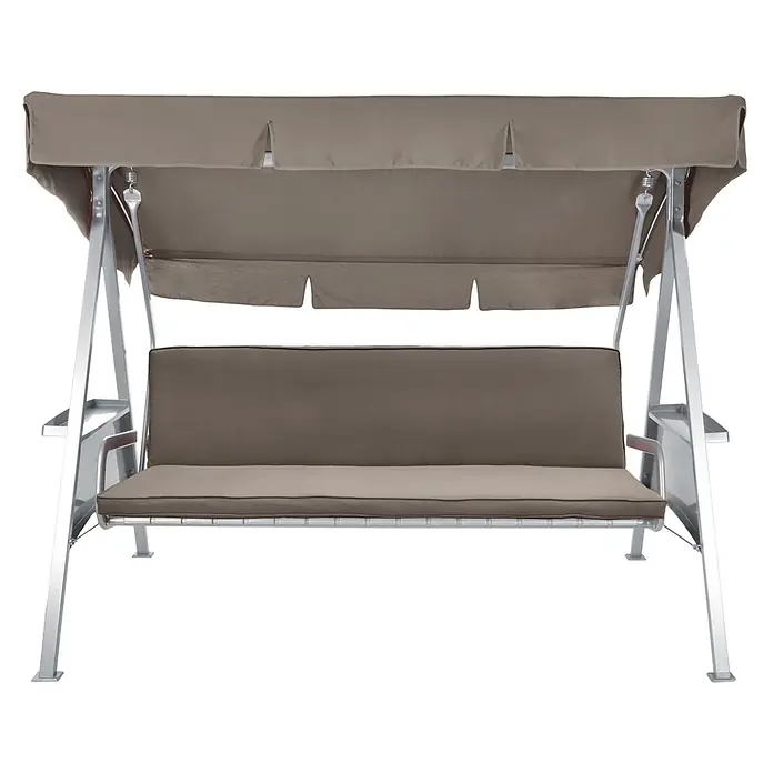 Beautissu Bankauflage Loft HS - Hollywoodschaukel, 1 Stk., L x B x H: 180 x 100 x 6 cm, Baumwolle, Polyester, Taupe - Braune Gartenschaukel mit taupefarbenem Dach und Polstern, auf silbernem Metallgestell.