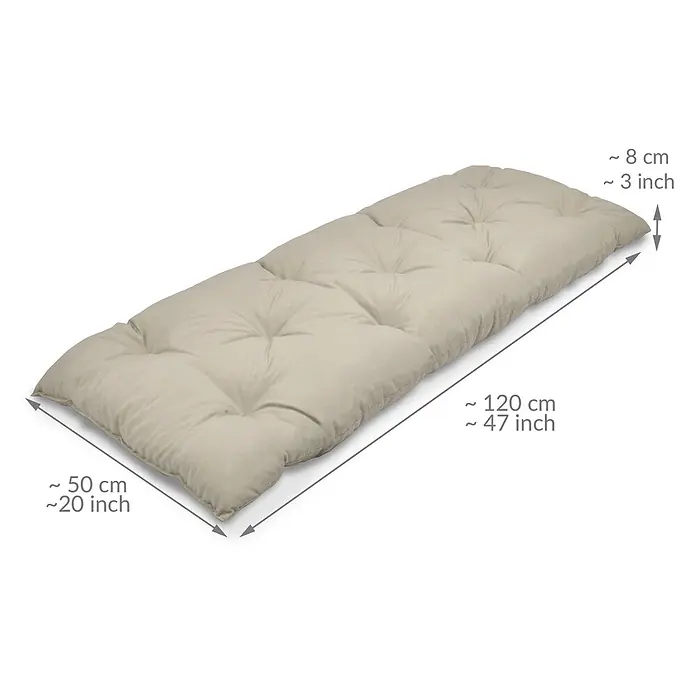 Beautissu Bankauflage Flair BK - Gartenbank, 1 Stk., Polyester, Beige - Beiges, getuftetes langes Kissen, ~120 cm lang, ~50 cm breit und ~8 cm dick.