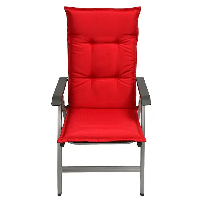 Beautissu Sitzauflage Base HL - Hochlehner, 4 Stk., L x B x H: 120 x 50 x 6 cm, Polyester, Rot - Vorderansicht eines rot gepolsterten Stuhls mit silbernem Gestell und dunkelgrauen Armlehnen.