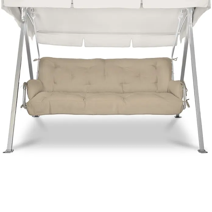 Beautissu Bankauflage Flair HS - Hollywoodschaukel, 1 Stk., Polyester, Natur - Gartenschaukel mit beigem Kissen und weißem Dach, silbernes Metallgestell für bequemes Sitzen im Freien.