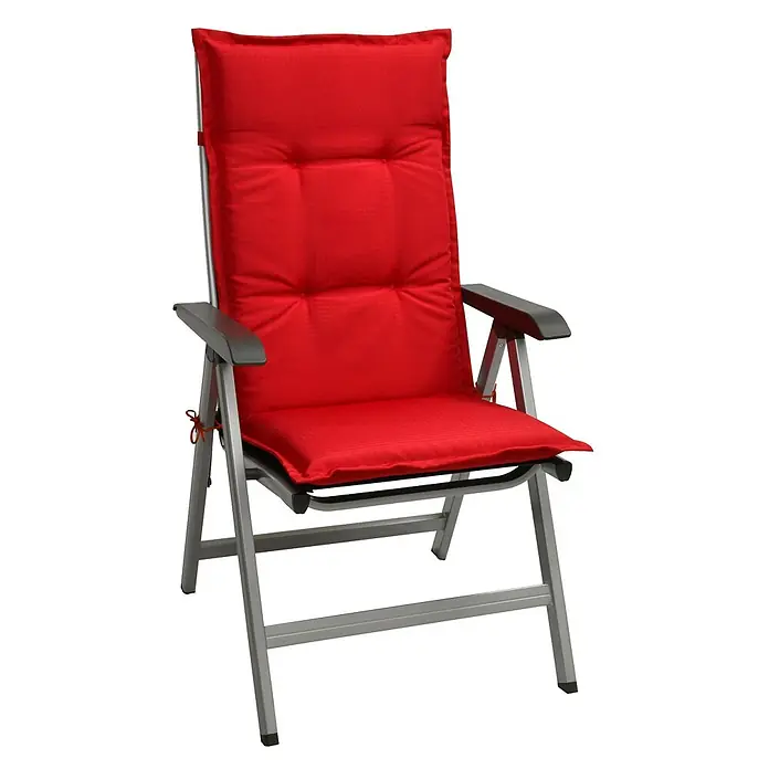 Beautissu Sitzauflage Base HL - Hochlehner, 1 Stk., L x B x H: 120 x 50 x 6 cm, Polyester, Rot - Roter gepolsterter Klappstuhl mit grauem Metallgestell und schwarzen Armlehnen für bequemes Sitzen.